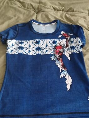 INKnBURN Blue Short Sleeve Tee with White Stripe and Red Koi